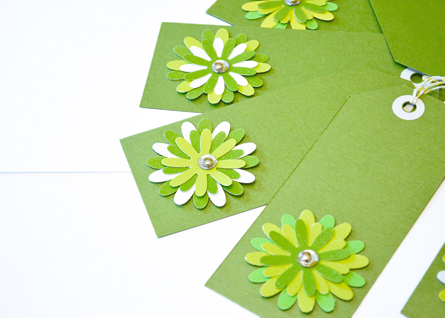 Gift Tags - 6 Shimmery Fairway Green & Chartreuse Glitter Paper Flowers With Vintage Sequins