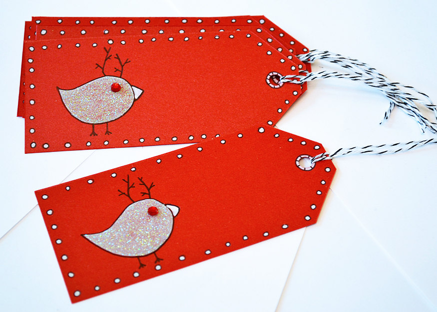 Gift Tags - 6 Ruby Red Snow Birds With Ruby Rhinestones