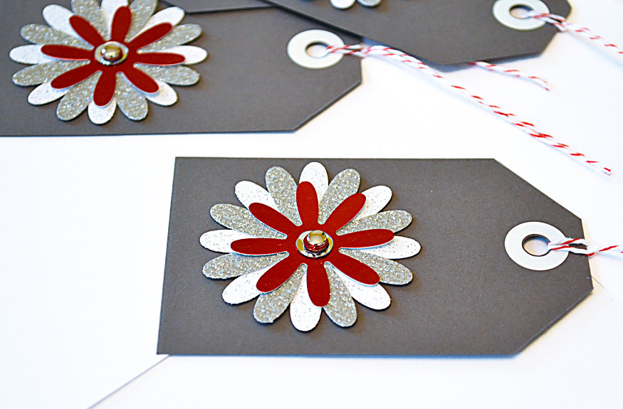 Gift Tags - 6 Star Bright Red & Silver Glitter Paper Flowers With Vintage Sequins