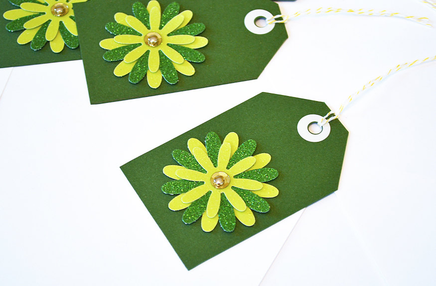 Gift Tags - 6 Grass Green Glitter Paper Flowers With Vintage Sequins