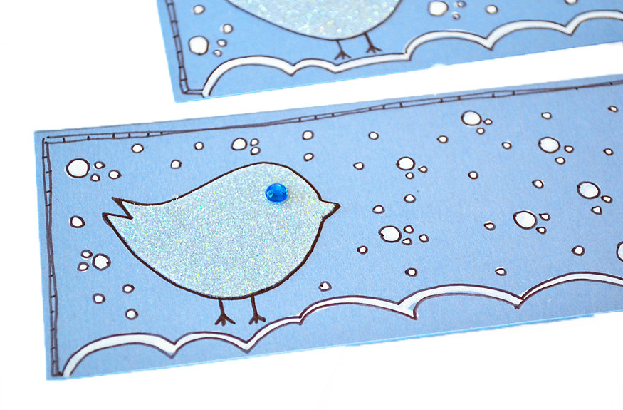 Gift Tags - 6 Winter White Snow Birds With Royal Blue Rhinestones