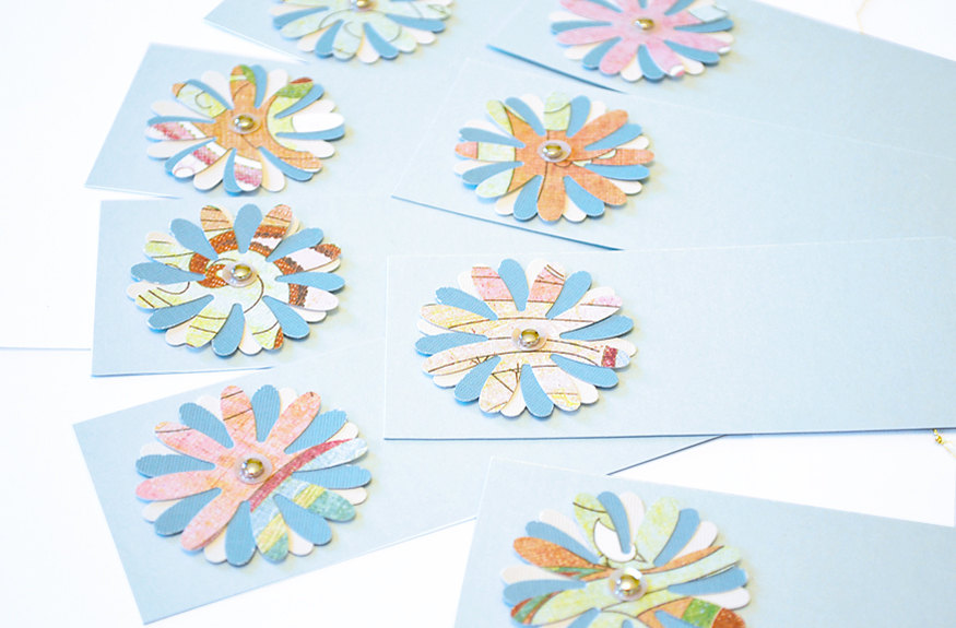 Gift Tags - 6 Aquamarine Shimmering Glitter Paper Flowers With Vintage Sequins