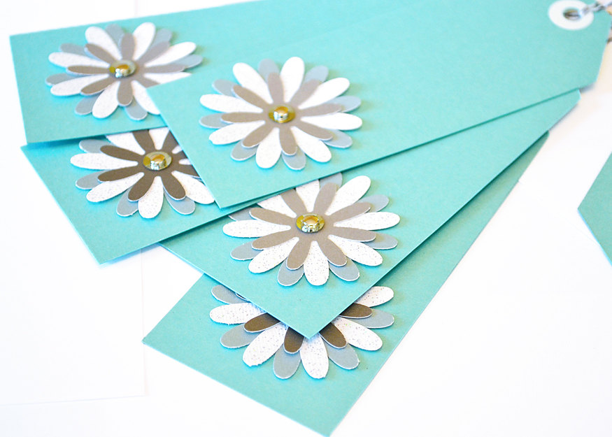Gift Tags - 6 Shimmering Blue Lagoon & Satin Silver Glitter Paper Flowers With Vintage Sequins