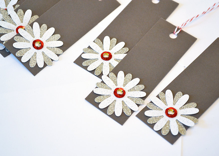 Gift Tags - 6 Mini White Glitter & Silver Glitter Paper Flowers With Vintage Sequins