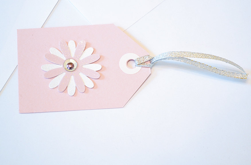 Gift Tags - 6 Pale Pink Glitter Paper Flowers With Vintage Sequins