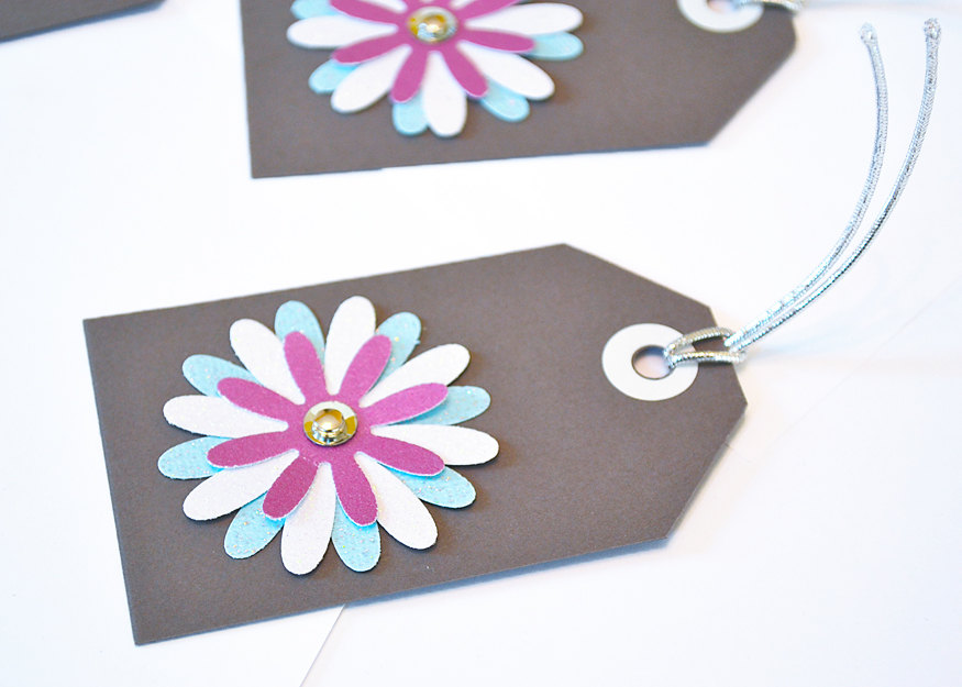 Gift Tags - 6 Baby Blue, Snow White & Magenta Glitter Paper Flowers With Vintage Sequins