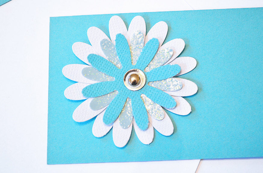 Gift Tags - 6 Turquoise & Bright White Glitter Paper Flowers With Vintage Sequins